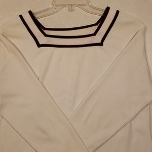 Emma James cream sweater, black and red trim